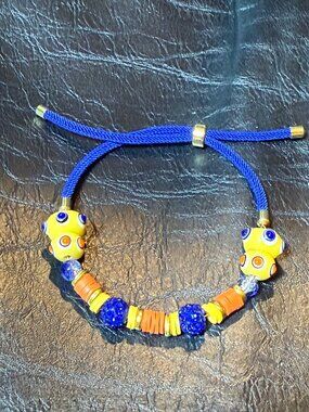 New Colorful Adjustable Beaded Bracelet With Yellow Glass Accent Beads Blue Rope